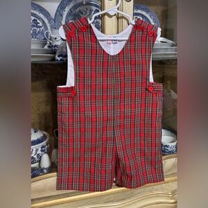 Orient Express red tartan Christmas plaid shortall 3t boys boutique Jon Jon